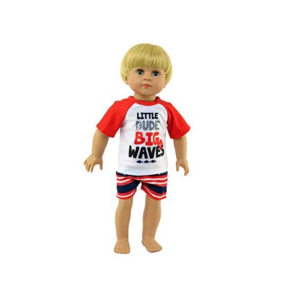 American Fashion World Boy’s Big Waves Rash Guard and Swim Trunks Set for 18-Inch Dolls | Premium Quality & Trendy Design | Dolls Clothes | Outfit Fashions for Dolls for Popular Brands