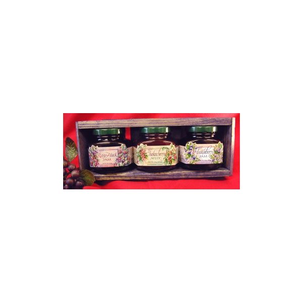 Jam & Jelly 3 different 5oz Jar Handcrafted Gift Crate, this Set is from Huckleberry Haven and features Chokecherry Jelly, Huckleberry Jam and Rasy-Huck Jam