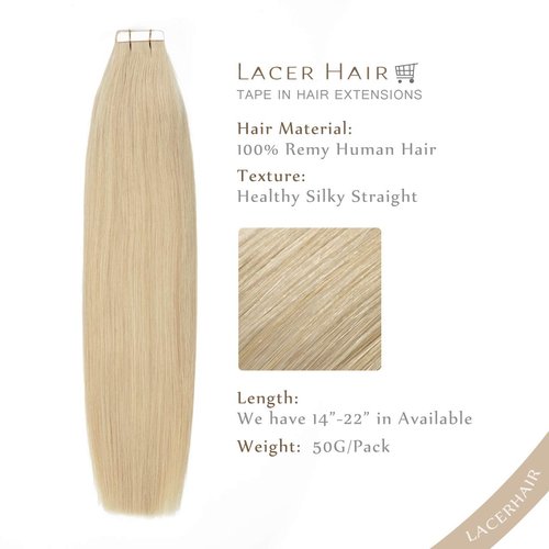 LacerHair New Hair Extensions Human Hair Tape in Skin Weft Seamless Extensions 60A Ash Platinum Blonde 100% Real Remi Remy Human Hair Silky Straight 20 Pcs/Pack 18 Inch