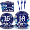 gisgfim 96Pcs 16th Birthday Plates and Napkins Party Supplies Sweet 16 Birthday Party Tableware Set Blue Silver 16th Birthday Decorations Favors for 16 Years Old Boys Girls for 24 Guests