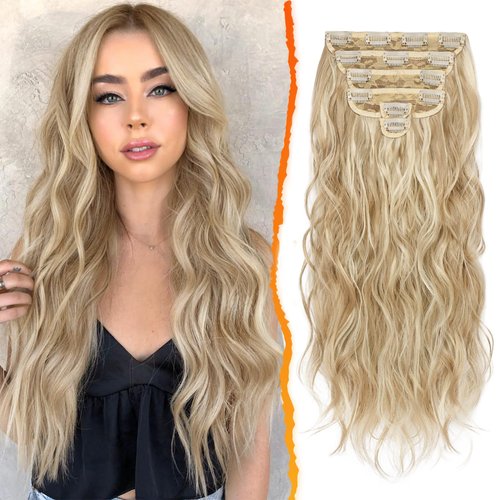 BARSDAR Clip in Hair Extensions - 20 Inch Long Wavy Blonde Hair Extensions for Women - Clip in 6PCs Thick Soft Synthetic Clip in Hairpieces Girls Daily Party Halloween- Light Ash Blonde Mix