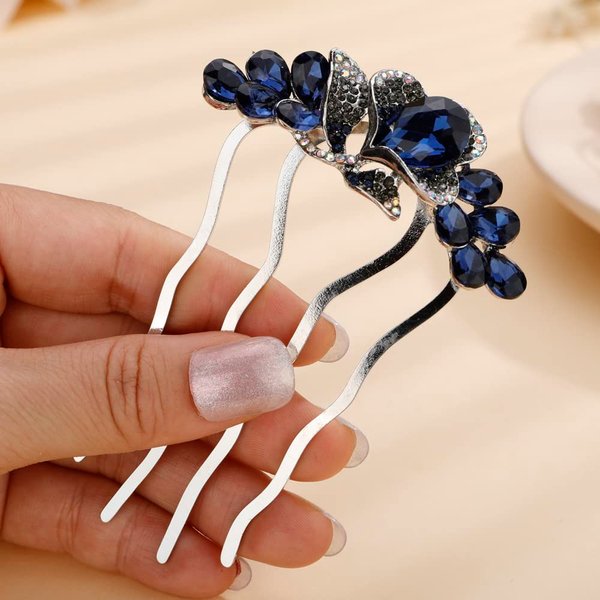 Missgrace Blue Simple Bride Wedding Prom Sparkling Side Hair Comb Crystal Rhinestones Flower Hair Comb Clips Bridal Hair Accessories Hair Piece for Women (Blue)