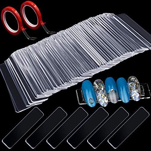100PCS Transparent Nail Art Display Stand,With 2 Rolls Double-Sided Tape For Practicing,Acrylic Nail Tips Display Strips,Fake Nails Art Tips Practice Holder For Salon Home Nail Accessory Office Decor