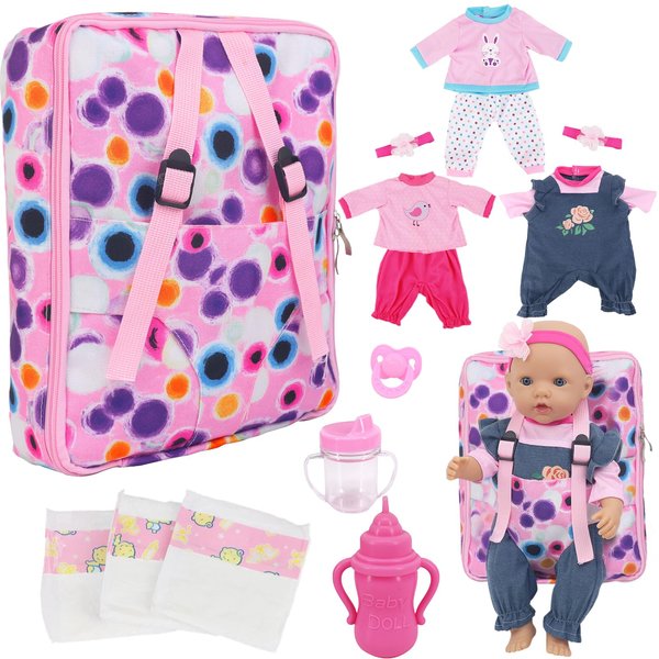 ECORELF Baby Doll Backpack for 16-18 Inch Dolls ,Baby Doll Playset Included Baby Doll Diaper Carrier Bag,Doll Clothes Sets,Headbands,Diapers,Feeding Bottle,Nipple (No Doll)