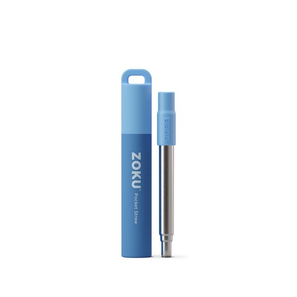 ZOKU - Reusable Straw with Case for Travel, Work and On the Go, Collapsible Stainless Steel Metal Straw with Silicone Mouthpiece, Ideal for Key Chains, Pockets, Purses and More (Blue Pocket Straw)