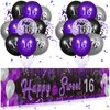 Purple 16th Birthday Decorations for Girls Black Purple Silver Happy Sweet 16 Birthday Yard Banner and 24pcs 70th Birthday Balloons for 16th Birthday Anniversary Party Supplies Indoor Outdoor Decor