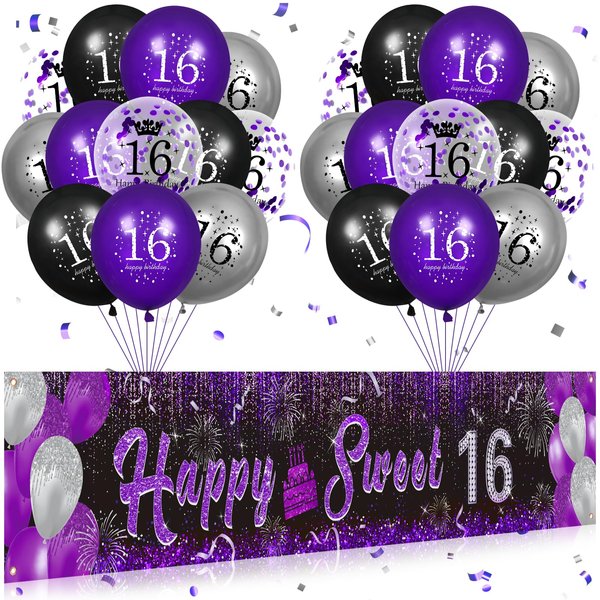 Purple 16th Birthday Decorations for Girls Black Purple Silver Happy Sweet 16 Birthday Yard Banner and 24pcs 70th Birthday Balloons for 16th Birthday Anniversary Party Supplies Indoor Outdoor Decor