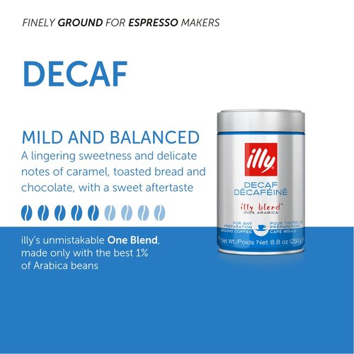 illy Ground Coffee Espresso - 100% Arabica Coffee Ground – Classico Decaf Roast - Notes of Caramel, Toasted Bread & Chocolate - Rich Aromatic Profile - Precise Roast - No Preservatives – 8.8 Ounce