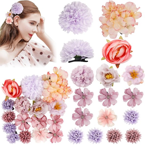 Atoden Purple Flower Hair Clips Hawaiian Realistic Bohemian Flower Hair Clips 16 Pcs Hawaii Boho Clips Artificial Rose Tropical Floral Hair Barrettes Wedding Bridal Hair Accessories for Women Girls
