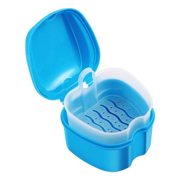 Denture Case Denture Bath Box Case Dental Orthodontic Retainer False Teeth Storage Case Box with Strainer denture cups for soaking dentures (Blue)