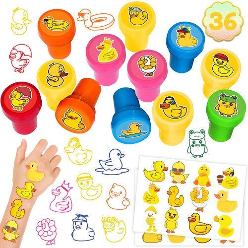 36PCS Duck Party Favors 24 Tattoos Sticker 12 Stamp Set - Ideal Rubber Duck Themed Birthday Decor Supplies Goodie Bag, Decorations Classroom Gifts, Cute Rewards for Girls, Baby Shower Prizes
