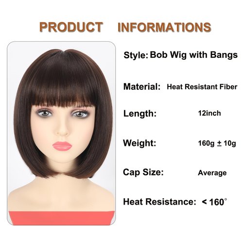 AliRobam Bob Wig with Bangs Short Straight Wigs for Black White Women Mix Brown Heat Resistant Synthetic Fiber Wigs for Daily Party Halloween Cosplay (M4/30)