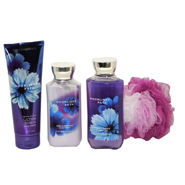 Bath & Body Works Signature Collection Moonlight Path Gift Set - Bundle - 4 items: Ultra Shea Cream, Body Lotion, Shower Gel, and Shower Sponge