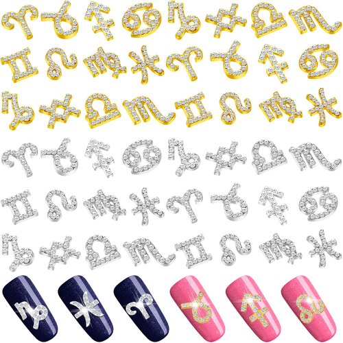 48 Pcs Zodiac Nail Charms Zodiac Sign Charms for Nails 3D Rhinestone Jewelry Nail Art Nail Charms DIY Horoscope for Jewelry Making Nail Necklace Bracelet Earrings Crafts Supplies (Gold, Silver)
