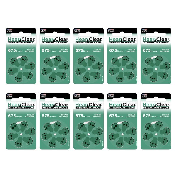 Hear Clear Size 675 Cochlear Implant Hearing Aid Batteries Green Tab (60 Batteries)