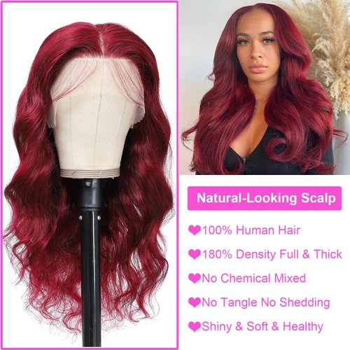 Burgundy 13x4 Lace Front Wigs Human Hair Body Wave Glueless Wine Red 99j Colored Pre Plucked with Baby Hair 180% Density HD Transparent Lace Frontal Wigs for Women (18", Burgundy)