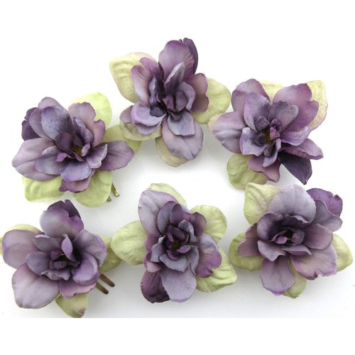 6 pc Lot Violet Beige Apple Blossom Silk Flower Hair Clips