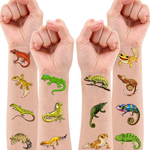 100 PCS Gecko Lizard Temporary Tattoos Themed Birthday Party Decorations Supplies Favors Decor Cute Leopard Reptile Chameleon Tattoo Stickers Gifts For Game Kids Boys Girls Classroom School Prizes