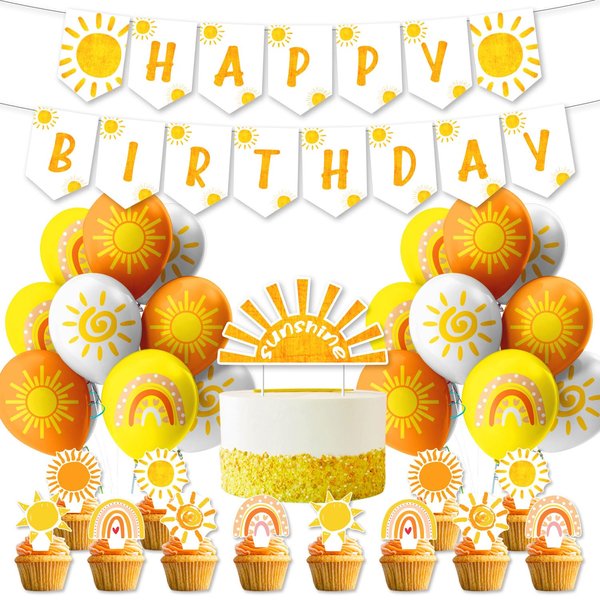 Boho Sun Birthday Party Supplies Pack First Trip Inspired Around The Sun Birthday Decorations Contain Banner Cupcake & Cake Topper Balloons for Boys Girls Sunshine Birthday Party Baby Shower Decor