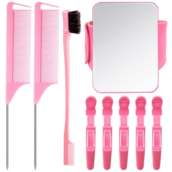 9 Pcs Hair Braiding Tools -2 Pieces Rat Tail Comb Parting Comb for Braiding 1Dual Edge Brush and Magnetic Wrist Sewing Pincushion Wristband Pin Cushion Holder with 5 Alligator Hair Clip (Pink)