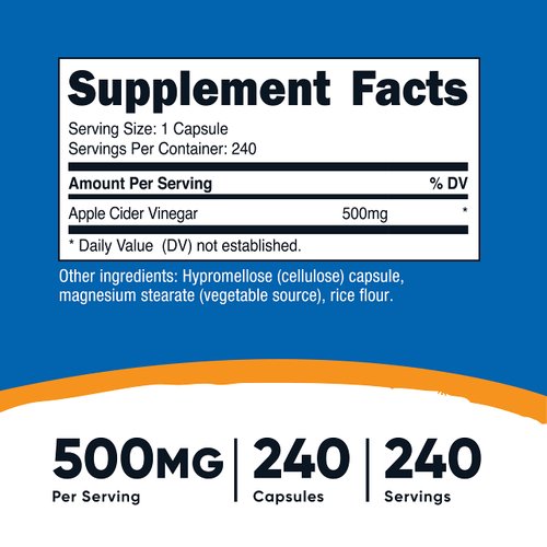Nutricost Apple Cider Vinegar 500mg, 240 Vegetarian Capsules - Natural, Non-GMO, and Gluten Free (2 Bottles)