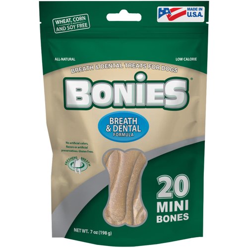 Bonies Natural Breath and Dental Formula Minis-Sized Single Bone - All-Natural Ingredients, Fresh Breath, Cleans Teeth, Low Calories, Chicken Flavor, [Mini Dogs], 20 Bones