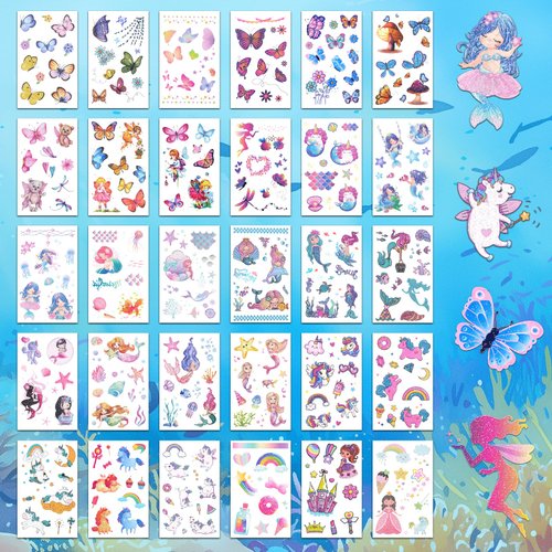 Ozepao Glitter Temporary Tattoo for Girls, 30 Sheets Mix Butterfly Mermaid Unicorn Tattoo Stickers for Kids, Waterproof Fake Tattoos for Birthday Party Favors Goodie Bag Fillers