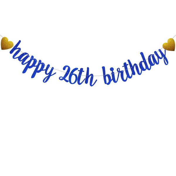 SUNbetterland Blue glitter Happy 26th Birthday Banner, Pre-Strung,Boy's Man's 10th Birthday Party Decorations Supplies, Happy 26th Birthday