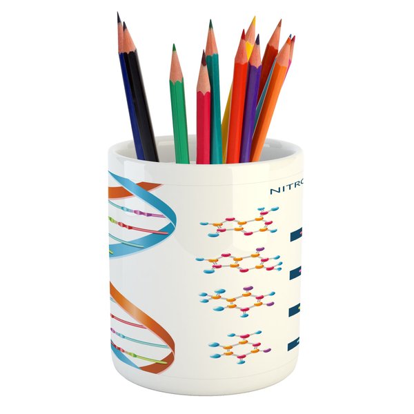Ambesonne Science Pencil Pen Holder, DNA Bases Chemistry Biochemistry Biotechnology Science Spiral Genetic, Ceramic Pencil Holder for Desk Office Accessory, 3.6" X 3.2", White Blue