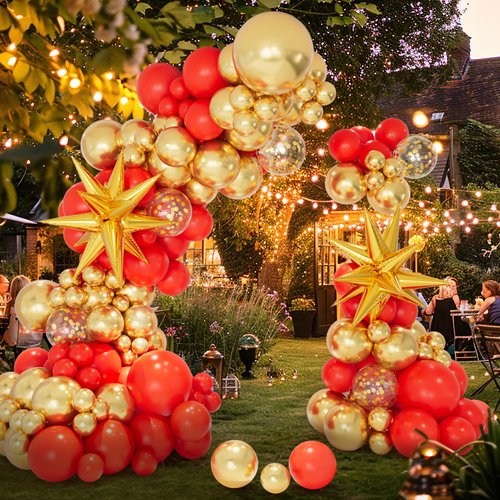 146PCS Red and Gold Balloon Garland Arch Kit, New Years Balloon Arch Kit 2025, Gold Exploding Star Foil Balloons for Happy New Year 2025, Birthday, New Year's Eve Party Decorations