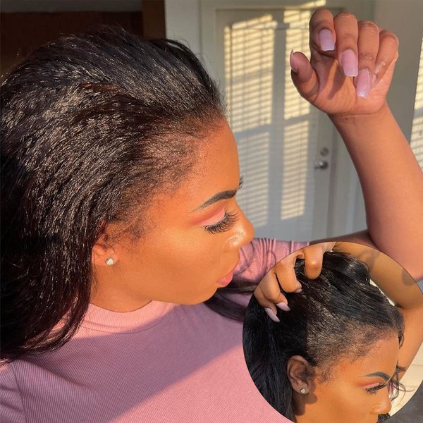 13x6 HD Lace Front Wigs Human Hair Pre Plucked 200 Density Bleached Knots for Black Women,Kinky Straight Human Hair Wig with 4C Curly Edge Baby Hair (14", 13x6 HD Lace Frontal Wig)