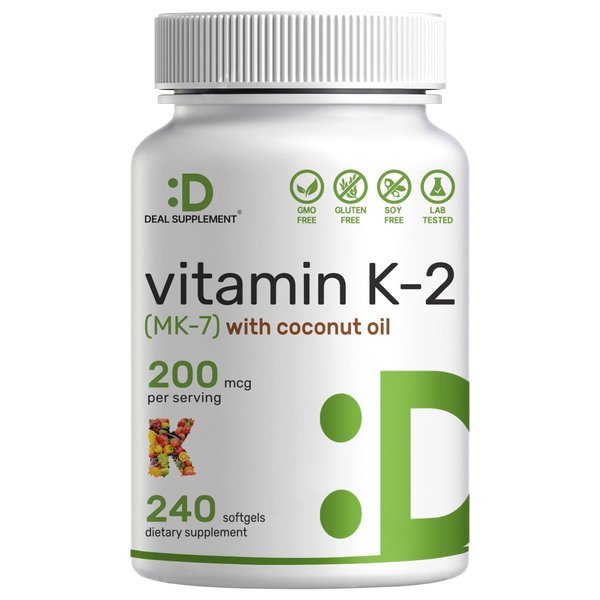 Vitamin K2 (MK-7) 200mcg, 240 Virgin Coconut Oil Softgels | Premium Menaquinone-7 Form, Easily Absorbed Vitamin K Supplement – Bone, Joint, & Immune Support – Non-GMO