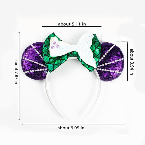 JIAHANG Meimaid Mouse Ears Headband with Imitation Pearls, Sequin Bow Fish Tail Hair Band Party Decoration Costume Headwear for Women Girls