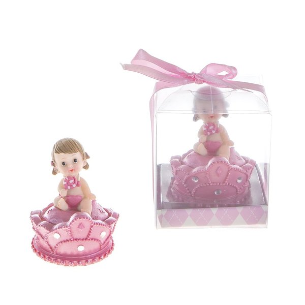 Lunaura Baby Keepsake - Set of 12 "Girl" Baby Sitting on Top of Crown Bear Favors - Pink