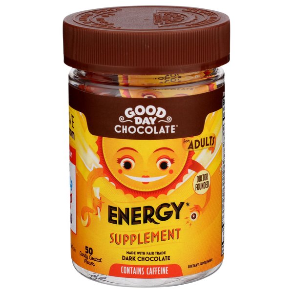 Good Day Chocolate Energy Supplements for Adults [50 Count] Fair Trade Caffeine Chocolate with B-Vitamins, Green Tea Extracts and 20 mg Caffeine Per Piece - Energy Booster for Women and Men