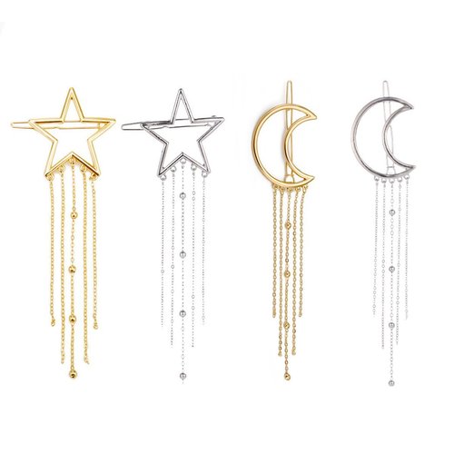 Numblartd 4 Pcs Fashion Metal Alloy Geometric Stars Moon Tassel Hair Clip Pins - Women Hollow Side Clip Hairpin Barrettes Bobby Pins Headdress Hair Accessories