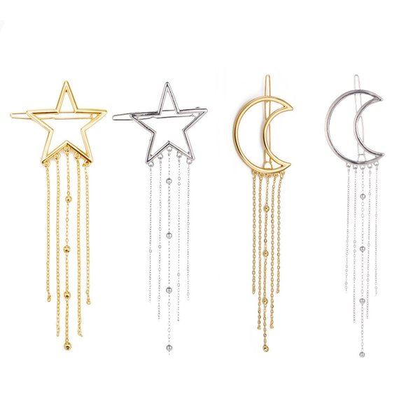 Numblartd 4 Pcs Fashion Metal Alloy Geometric Stars Moon Tassel Hair Clip Pins - Women Hollow Side Clip Hairpin Barrettes Bobby Pins Headdress Hair Accessories