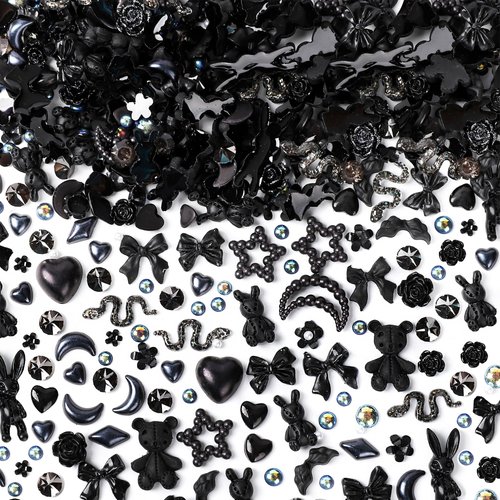 COOSLIM 110 Pieces 3D Bow Nail Charms for Acrylic Nails, Rose Flower Butterfly Bowknot Heart Bear Rabbit Star Bows Charms for Nail Art Accessories Craft(Black+2)
