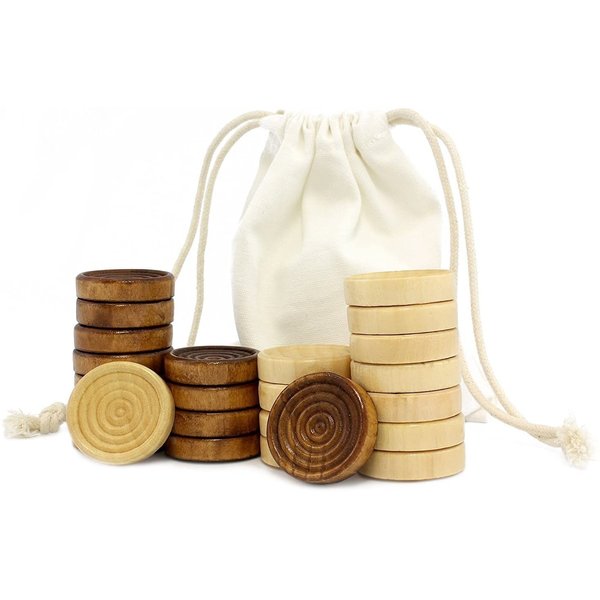 Attatoy Classic Stackable Wooden Checkers in Natural Wood Color (24 Pieces); with Drawstring Cloth Storage Bag, 1 1/8 Inch
