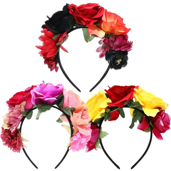 WILLBOND 3 Pcs Mexican Rose Flower Crown Headband Easter Mardi Gras Headpiece Cosplay Headgear for Party (Stylish Colors)