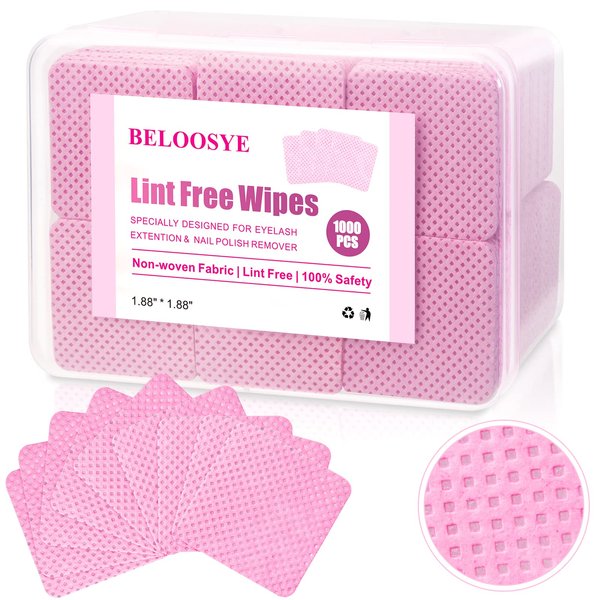 1000 PCS Lint Free Nail Wipes,Eyelash Extension Glue Wipes with Container,Super Absorbent Soft Non-Woven Fabric Lash Glue Wipes,Lint Free Wipe for Lash Extension Supplies & Nail Polish Remover-Pink