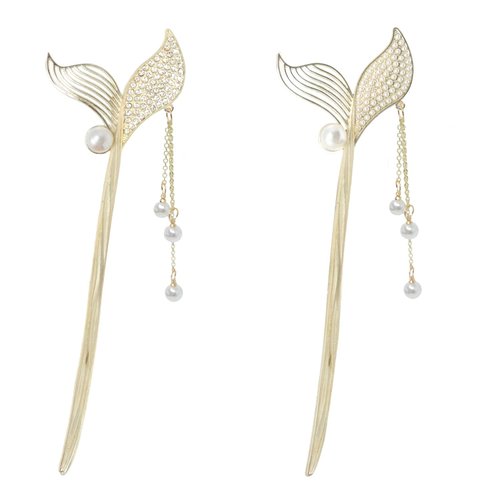 yueton 2PCS Fashion Fish Tail Alloy Hair Stick with Tassel Metal Pearl Rhinestions Hair Chopsticks Hair Forks Hairpins Hair Pins Chignon Pins Long Hair Decorations Hair Styling Pins for Buns
