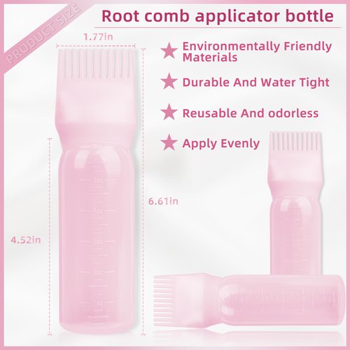 BLAAROOM Root Comb Applicator Bottle 6 Ounce, 2 Pack Hair Oil Applicator Bottle, Hair Dye Bottle Applicator Tools with Hair Oil Dispenser Root Comb Brush for Hair Oiling Applicator - Pink