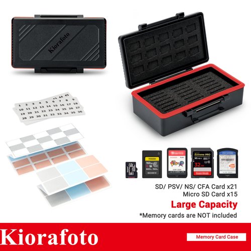 Kiorafoto 36 Slots SD MSD Memory Card Case Holder Water-Resistant Anti-Shock Storage Organizer for 21 SD SDHC SDXC Memory Cards or Switch Game Cards & 15 Microsd TF MSD Cards *2024 Vertical Style
