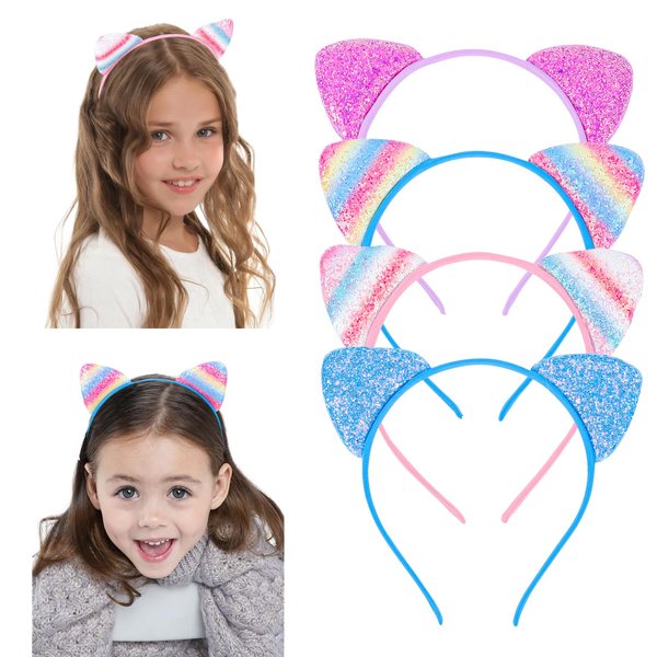 Amariver 4 Pcs Glitter Cat Ears Headbands Sequin Animal Ears Hair Bands Sparkle Kitty Head Band Party Costume Decoration Cute Hair Hoops for Daily Wearing Cats Hair Accessories for Women Girls