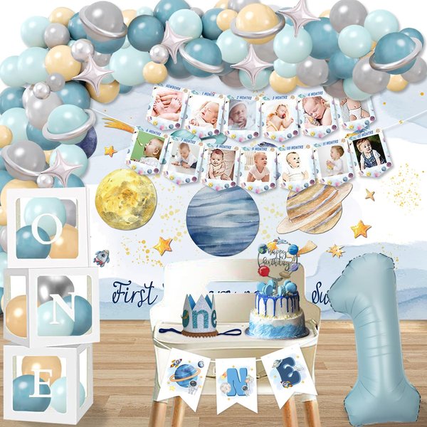 YLIBTOOL First Trip Around The Sun Birthday Decorations for Boy 1st Birthday Party Supplies,Space Theme Boy First Birthday Party Decorations,One Balloon Boxes,High Chair Banner,Backdrop,Balloons
