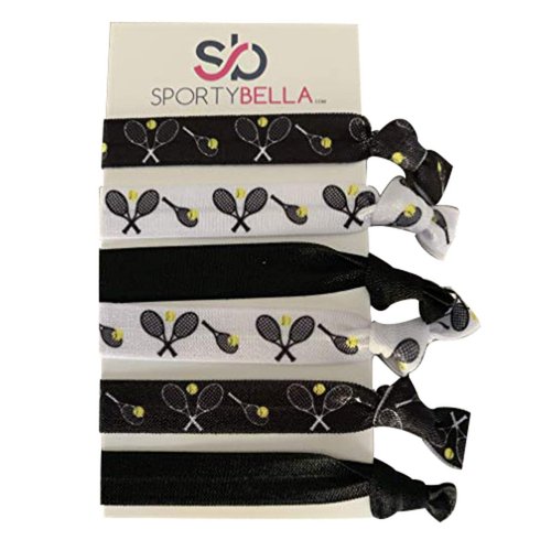 Sportybella - Tennis Hair Accessories for Girls (Black/White) No Crease Girls Hair Ties or Hair Elastics, Hair Accessories with Tennis Design, Hair Tie for Tennis Players - (6 pcs)