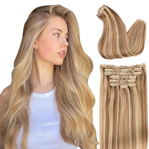 DIYOMO Hair Extensions Real Human Hair,Human Hair Clip In Extensions Soft&Natural Human Hair Extensions Clip Ins 120g 7pcs Real Hair Extensions Clip In Human Hair Straight&Invisible (14Inch, 18/613)