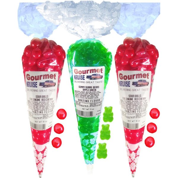 Sour Balls (2) Fire Engine Red Cherry (1) Green Apple Gummi Gummy Bears (NET WT 31 OZ) Gourmet Kruise Signature Gift Bags