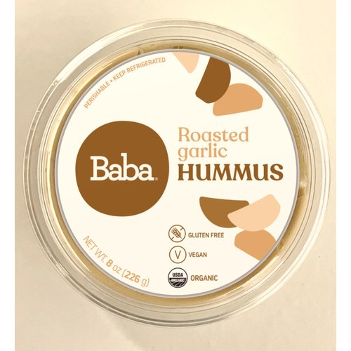 Baba Organic Hummus (8 oz) - USDA Organic, Gluten Free, Vegan, Non-GMO, Cholesterol Free, Zero Preservatives (Roasted Garlic Hummus)